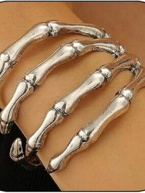 NEW Skeleton Hand Bracelet Silver Skull Arm Cuff Open Adjustable Standout Goth
